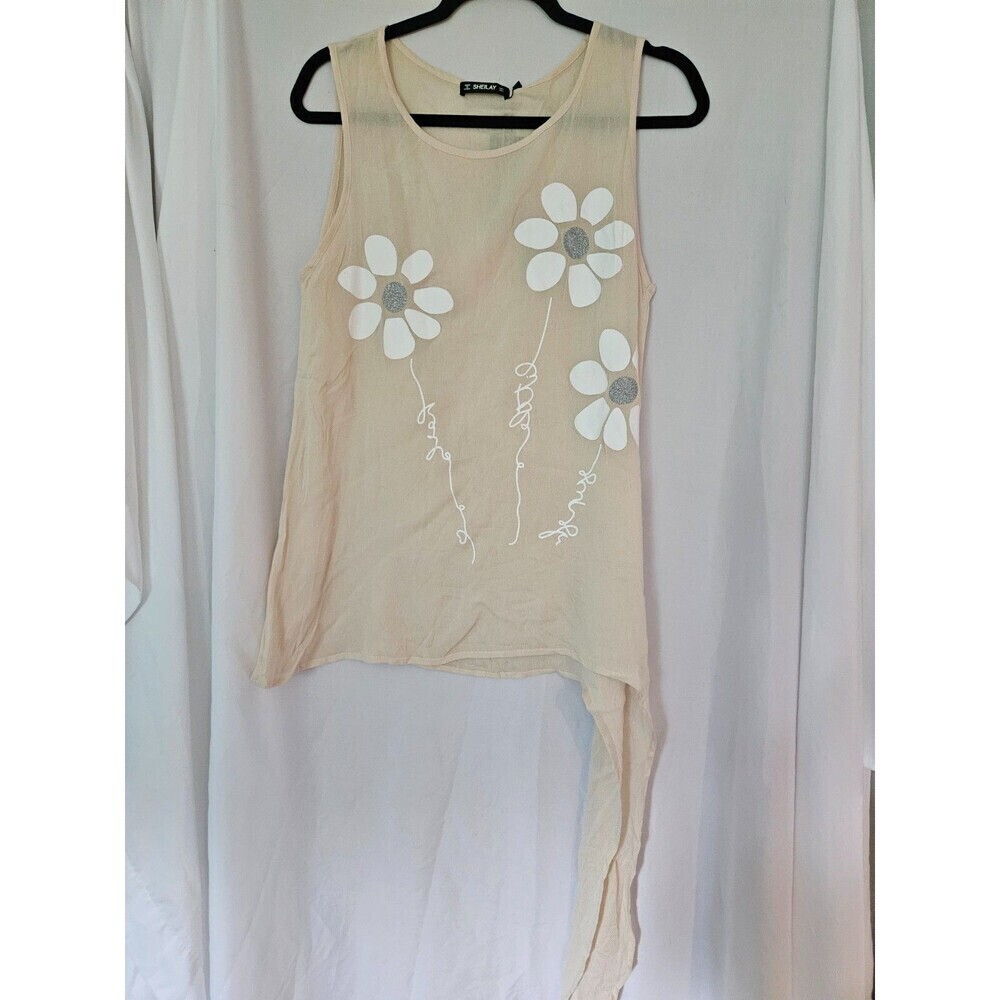 Sheilay Side Tie Top Womens Size Large Glitter Daisy‎ Flower Blouse Sheer Pink